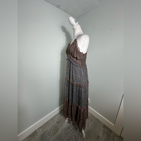 Lucky Brand Ruffle Floral Maxi Sundress Blue Brown w Gold  Size Large - Picture 6 of 16